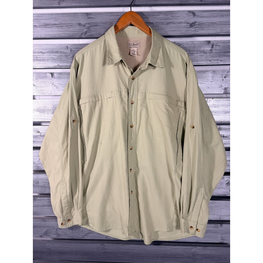 LL Bean Mens XL Fishing Shirt Green Plaid Gingham Vented Long Sleeve Roll Tab